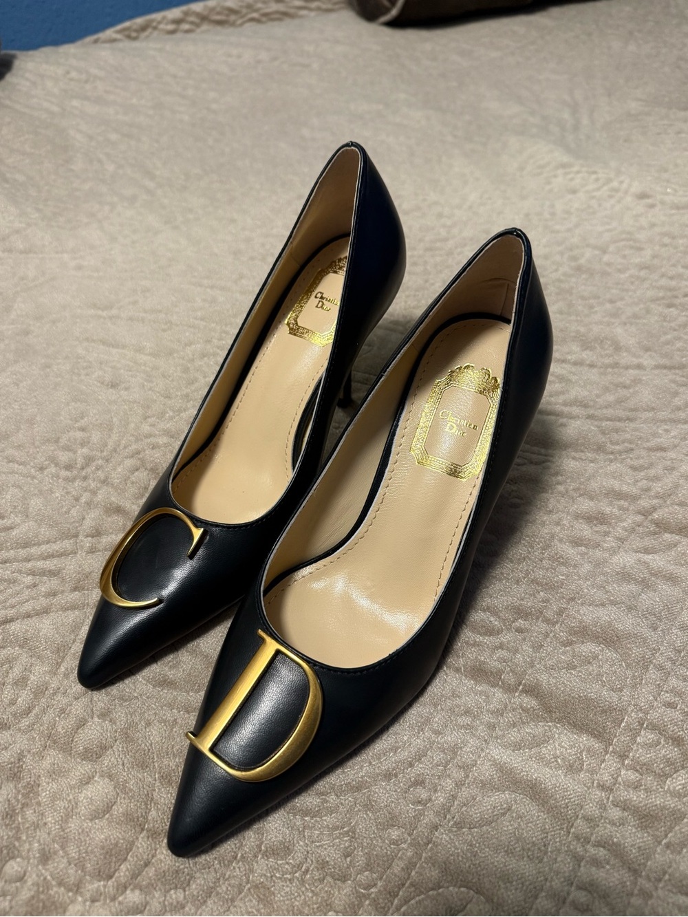 Dior Black Leather Pointed Pumps with Gold 'CD' Medallions - Picture 2 of 5